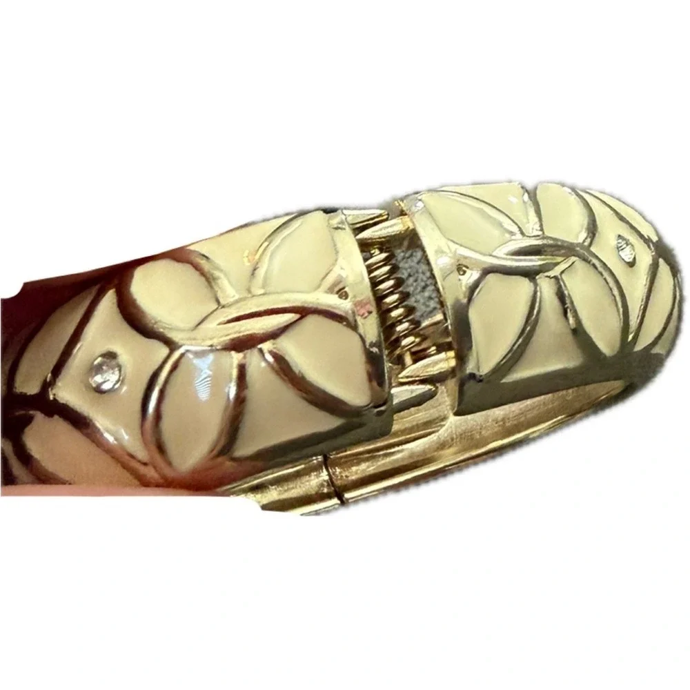 Vintage Rhinestone Enamel Cream Colored Magnet Cuff Bracelet Hinge Bangle
